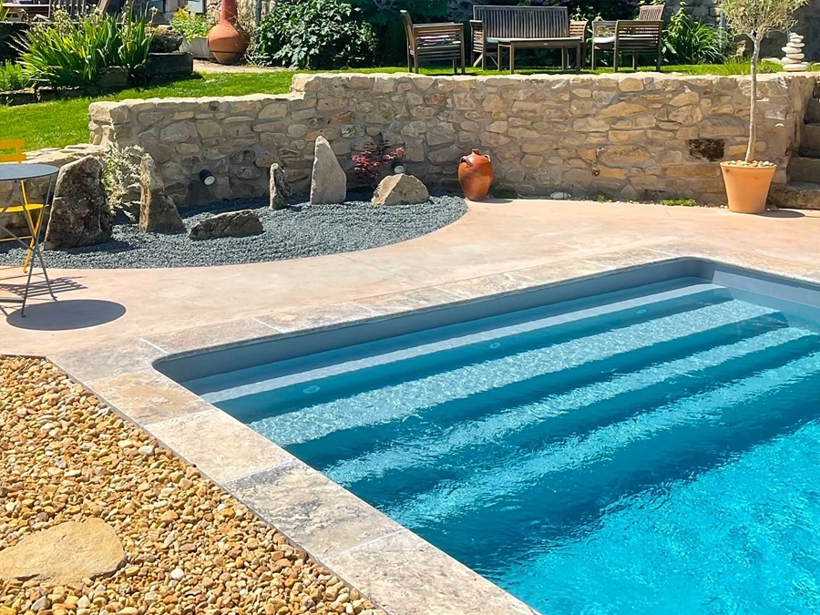 A beautiful outdoor fibreglass pool in garden