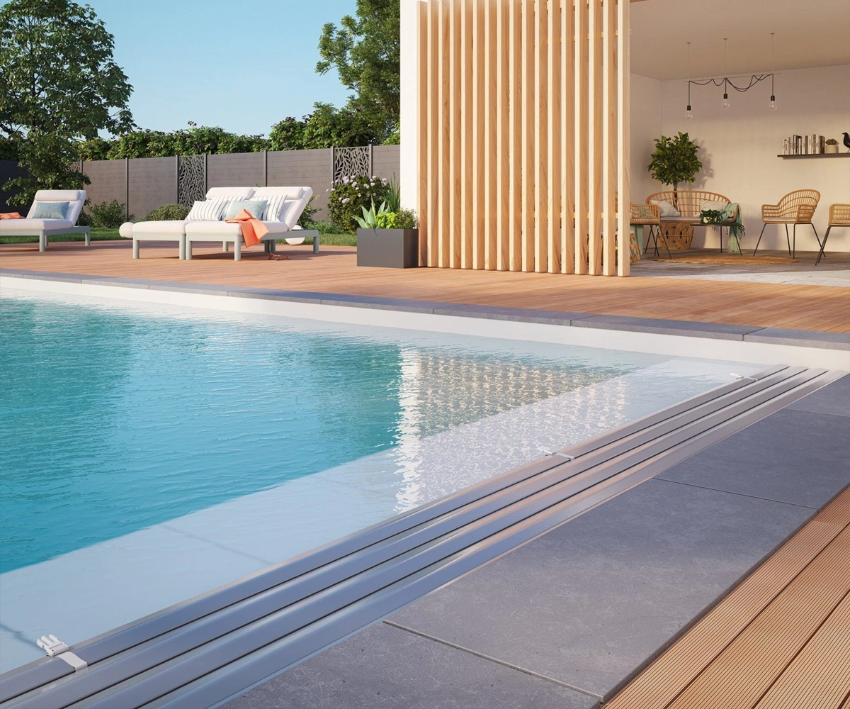 An ourdoor pool with an integrated cover features